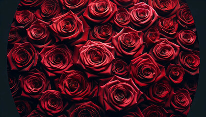 A luxurious spread of deep red roses in full bloom. The roses densely fill the frame, their velvety petals