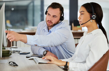 Call center, training or business people on computer in office for telemarketing, faq or customer...