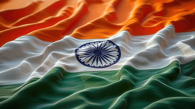 Closeup picture of Indian flag made up of pure cotton or khadi, showing texture and folds, selective focus, Indian Independence Day