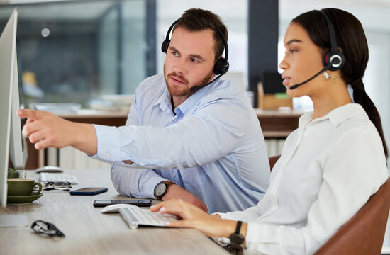 Call center, training or business people on computer in office for telemarketing, faq or customer service. About us, coaching or manager with inbound marketing consultant for b2b, crm or networking - Powered by Adobe