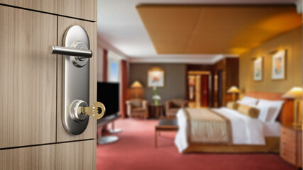 Door opening to luxury hotel room. 3D illustration - 792624044