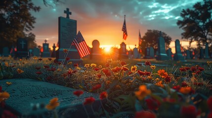 A background of sunset or sunrise and USA flag. Greeting card for Veterans Day, Memorial Day. America celebration. 3D-rendering.