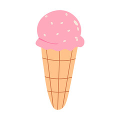 Melting ice cream ball in the waffle cone isolated on white background. Vector flat illustration