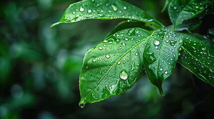Green leaf with raindrops in rainy season ..
