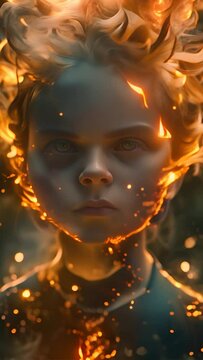 boy in extreme detail with fire all around him and a house burn down. Have him have fire hair and black eyes.generative ai