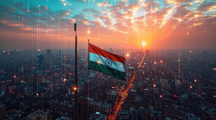 Futuristic concept of communication of Indian city, skyline buildings illuminated with lights, Indian National Flag, 15 August India independence Day