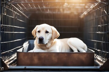 'happy isolated labrador iron box dog cage lies background adorable animal beautiful big bird black boy breed brown care carriage carrier case contain crate cute driving ear empty gold happiness help'