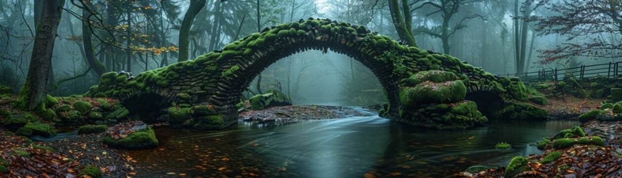 Troll bridge, mossy stones, dusk, troll s domain scene, under bridge, twilight dampness, guarded passage 