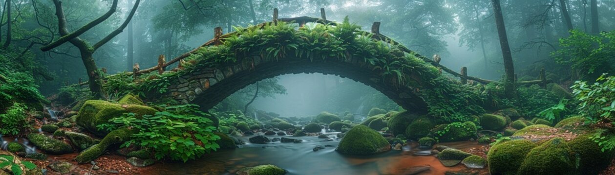 Troll bridge, mossy stones, troll s domain scene, under bridge, twilight dampness, guarded passage 