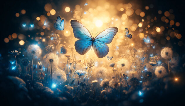 Fototapeta An enchanting meadow at twilight, where delicate dandelions and wildflowers are cast in a soft glow. Center stage, a translucent blue butterfly