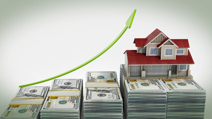 Luxury house standing on top of dollar bills. Rising house prices concept. 3D illustration - 792624827