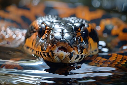 Anaconda: Swimming in murky waters, showcasing its powerful body and aquatic lifestyle.without logo and without watermark 