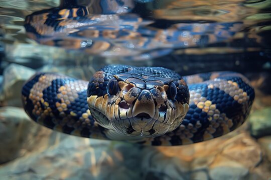 Anaconda: Swimming in murky waters, showcasing its powerful body and aquatic lifestyle.without logo and without watermark 