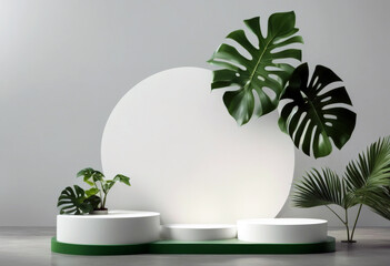 'splay banner 3d space deliciosa natural background palm Trendy shadow green monstera leaves pedestal promotion Simple podium 3D Minimal copy tropical product plant white poduim three-dimensional'