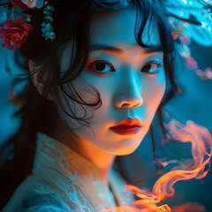 A geisha with cherry blossom in her hair and pink and blue lights surrounding her. AI Generative