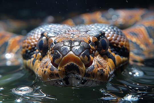 Anaconda: Swimming in murky waters, showcasing its powerful body and aquatic lifestyle.without logo and without watermark 
