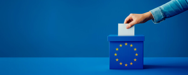 Obraz premium Voting for the European Union election, a hand putting a ballot paper into a ballot box on a blue background with copy space