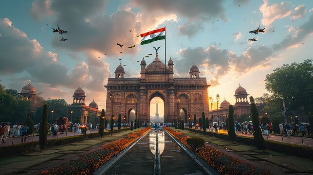 People together and celebrating Indian Independence day in front of Gateway of India, Mumbai, Maharashtra, Indian Flag flying on Indian Gateway