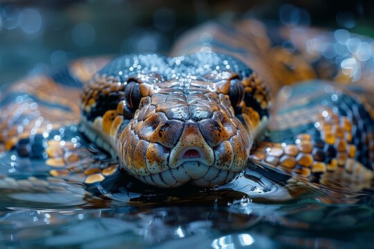 Anaconda: Swimming in murky waters, showcasing its powerful body and aquatic lifestyle.without logo and without watermark 