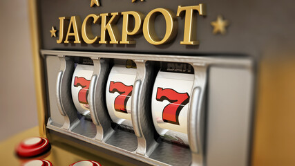 Slot machine with three seven symbols and jackpot text. 3D illustration - 792625606