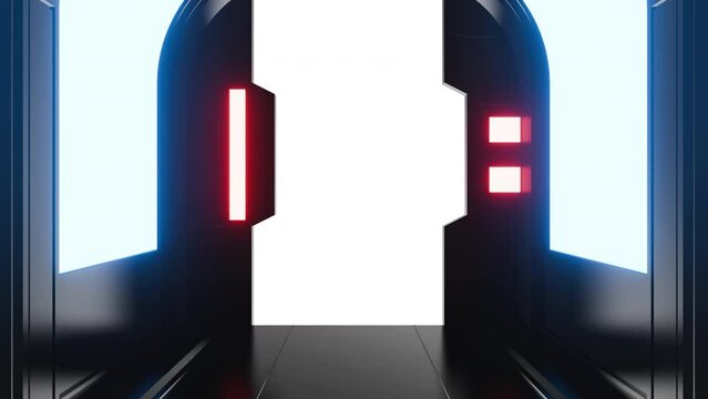 Futuristic opening gate or door in black moving sci fi technology tunnel or room with neon light. Realistic digital animation with alpha channel.