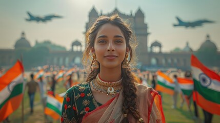 A woman celebrating Happy Independence Day of India with National Flag in front of Indian famous landmark, republic day, India, Tricolor, aircraft, fighter jet - obrazy, fototapety, plakaty
