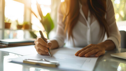 Business woman sign document, young caucasian woman wearing a white shirt and holding a pen in modern office room, reading through the details of  legal papers - Powered by Adobe
