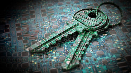 Digital keys standing on PCB texture. 3D illustration - 792626078