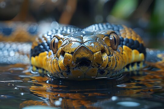 Anaconda: Swimming in murky waters, showcasing its powerful body and aquatic lifestyle.without logo and without watermark 
