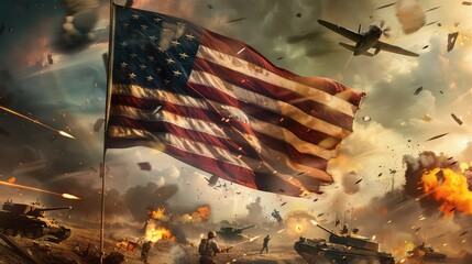 Concept of War, American Flag in background, soldiers, Tanks, Fighter Jets. American Defense Day, Independence Day, Memorial Day