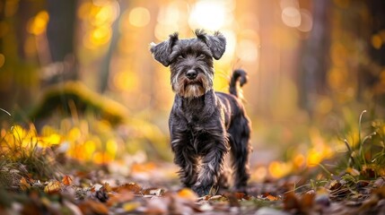 Schnauzer Dog Walking Through Autumn Forest