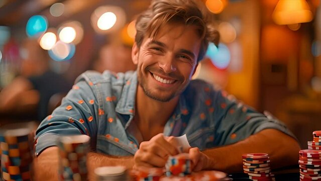 Man sitting at table playing poker with poker cards and chips visible drinking whisky smiling,generative ai