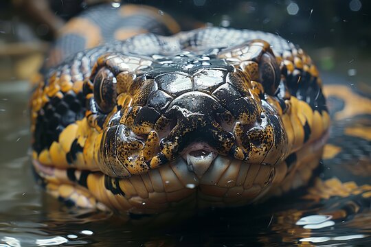 Anaconda: Swimming in murky waters, showcasing its powerful body and aquatic lifestyle.without logo and without watermark 
