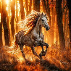 araffe running in the sun with a golden light, horse is running, galloping through the forest, beautiful horse, beautiful autumn spirit, horse, bathed in golden light, beautiful serene horse, flowing 