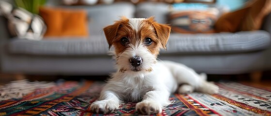 Puppy causing chaos in living room while owner is away exhibiting behavioral issues. Concept Pet Training, Behavioral Issues, Puppy Training, Separation Anxiety, Owner Education