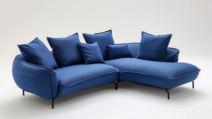 Eco-designed blue corner sofa, minimalist and multi-functional, perfect for small living spaces, displayed against an isolated backdrop