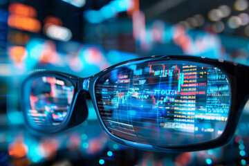 Glasses reflecting colorful stock market data display
