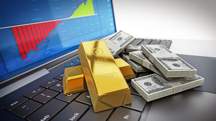 Gold ingots and money pile on laptop computer. 3D illustration - 792627841