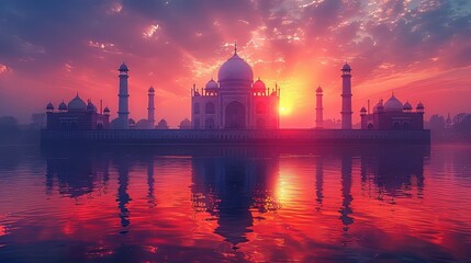 A wide angled view of Taj Mahal in Agra captured with Yamuna River beside. Taj Mahal during sunset in Agra. - obrazy, fototapety, plakaty