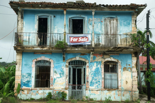 Blue colonial building for sale, peeling paint, overgrowth