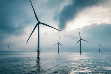 Majestic wind turbines under stormy skies over ocean waves - obrazy, fototapety, plakaty