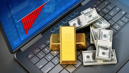 Gold ingots and money pile on laptop computer. 3D illustration - 792628064