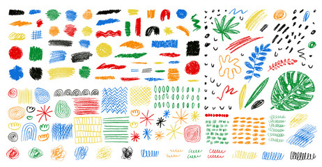 Childish vector charcoal scribble textures. Vector hand-drawn set. Chalk crosshatch textured doodle shapes. Oil pastel smears, scrawls, scratches. Kids crayon drawings on white
