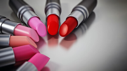 Various colored lipsticks arrangement. 3D illustration