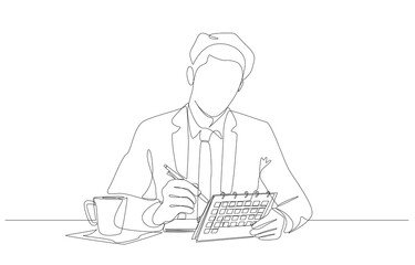 Continuous one line drawing of businessman holding desk calendar to plan work queue, planning work schedule concept, single line art.