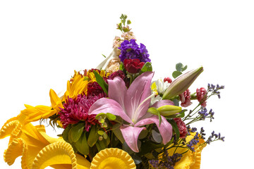 A bouquet of flowers, with different and colorful types of flowers. Isolated on a white background.
