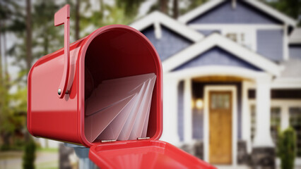 Open mailbox with letters standing outside the luxury home. 3D illustration - 792629674