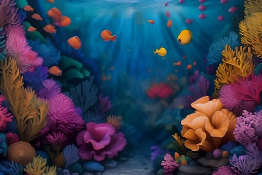 A vibrant painting depicting underwater marine life, including colorful corals and various fish species	