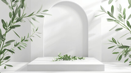 white podium stage with green olive leaves. platform or pedestal mockup for products presentation in studio. Background with rectangular stands