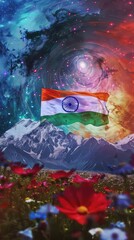 Indian Nation Flag flying on Flower Meadows Field Against a Dramatic Dark Sky with Billowing Clouds, Indian Republic Day, Indian Independence Day